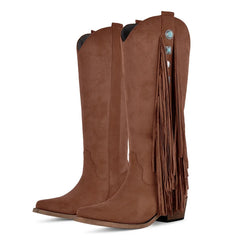 Fringe detail pointed toe western boots with block heel