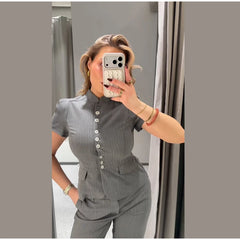 Short Sleeve Pinstripe Fitted Blazer and Wide Leg Pants Two-Piece Set