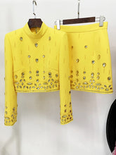 Yellow embellished stand collar cropped jacket and mini skirt set