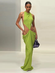 Cut-out halter maxi dress with draped skirt detail and handbag