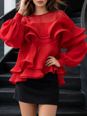 Ruffled Lantern Sleeve Sheer Blouse