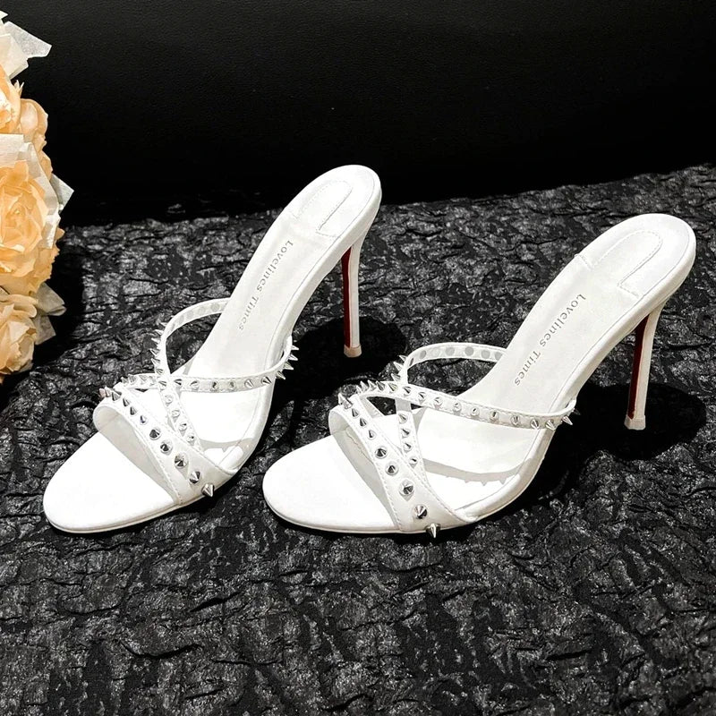 White studded open toe stiletto heel