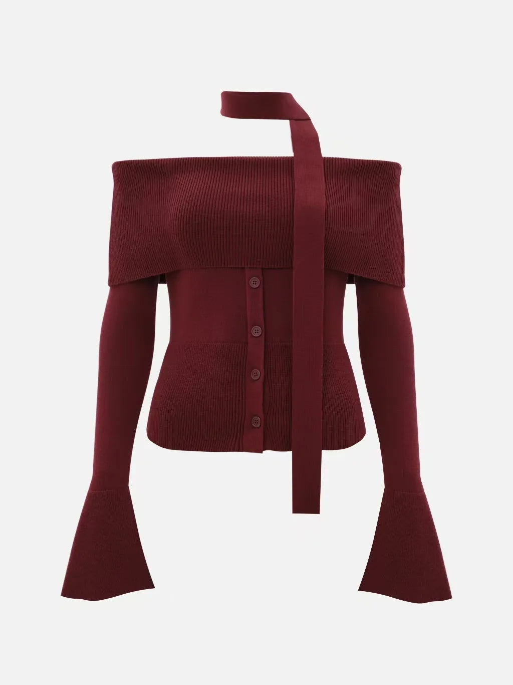 Maroon off-shoulder top with bell sleeves on a white background