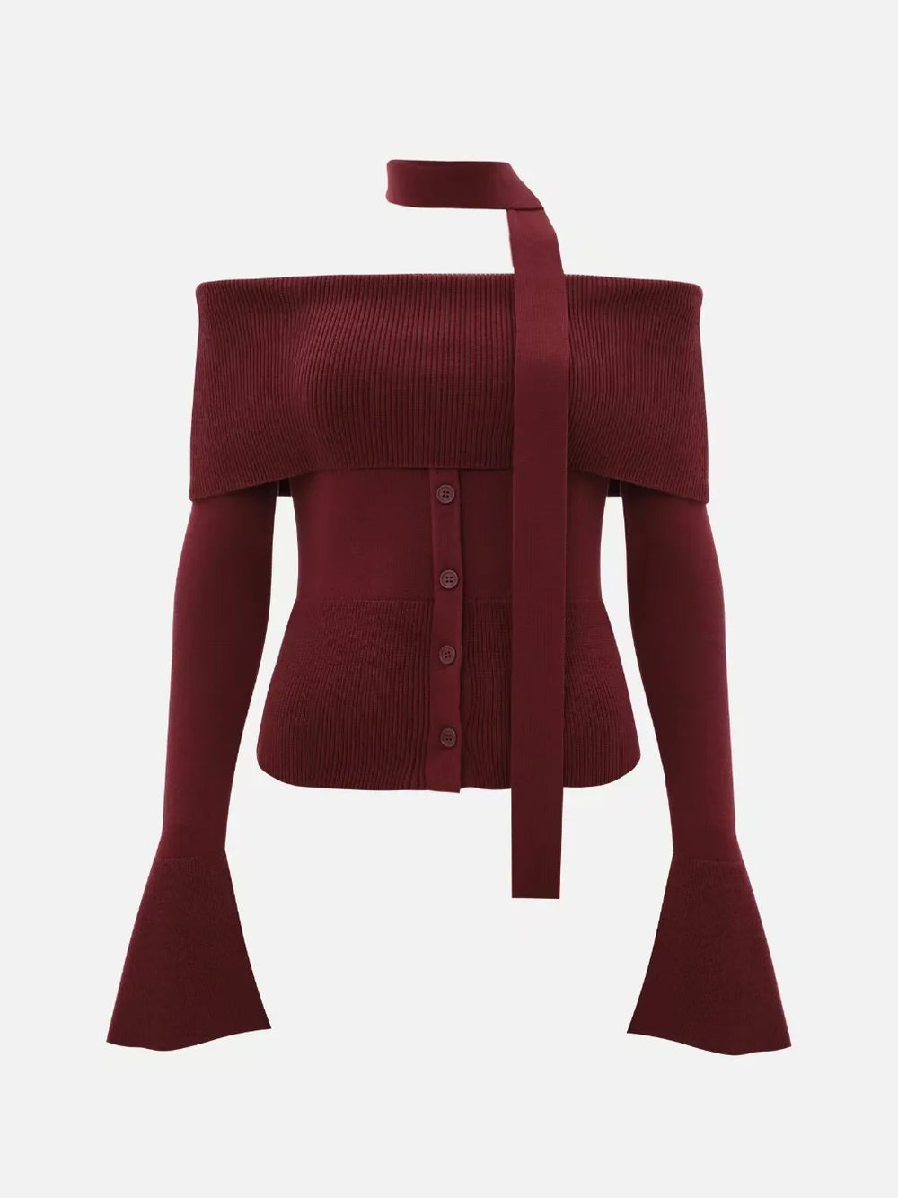 Maroon off-shoulder top with bell sleeves on a white background
