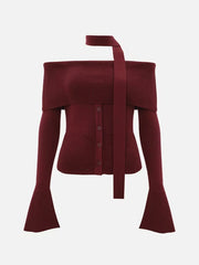 Maroon off-shoulder top with bell sleeves on a white background