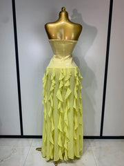 Strapless sequin bodice ruffled chiffon floor-length dress back view
