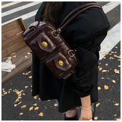 Microfiber Leather Vintage Pocket Satchel – Black & Burgundy