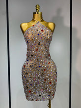 Halter neck sleeveless mini crystal embellished mesh dress front view