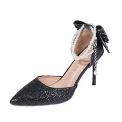 Sequin Bow Pointed Heels | Elegant French Pearl-Lined Slip-Ons