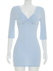 Three-Quarter Sleeve V-Neck Ruched Bodycon Mini Dress