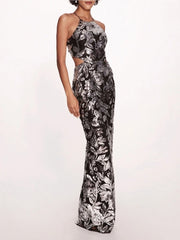 Silver Floral Sequin Halter Gown – Elegant Evening Dress