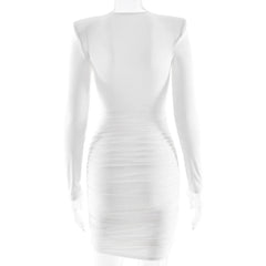 Long Sleeve Deep Neck Draped Ruched Mini Dress