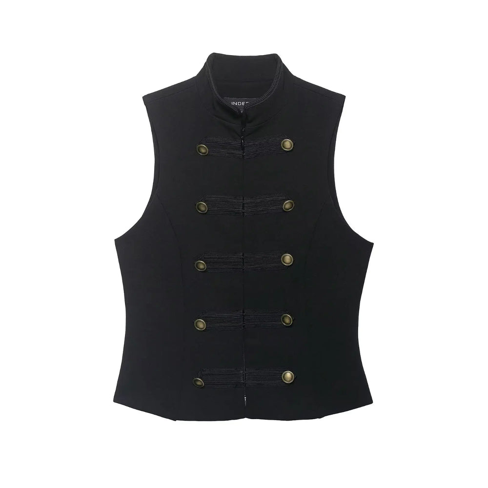 Black vest with gold buttons on a white background