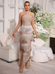 Beaded halter neck fringed column dress with draped detailing