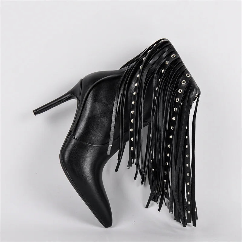 Black pointed toe ankle boots with fringe detail and stiletto heel
