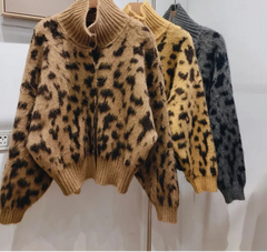 Camel leopard print turtleneck coat