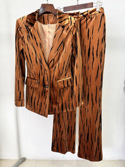 Star Embroidered Feather Trim Blazer and Flare Pant Suit