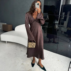 Satin Polka Dot Long Sleeve Midi Dress