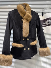 Black Short Coat With Brown Fur Trim And Short Scarf, And Brown Mini Skirt Set