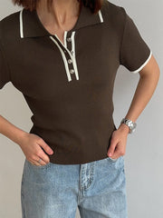 Ribbed Knit Polo Collar Short Sleeve Contrast Trim Cropped Top