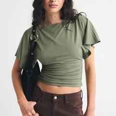 Boat neck dolman sleeve ruched waist cropped top in olive green