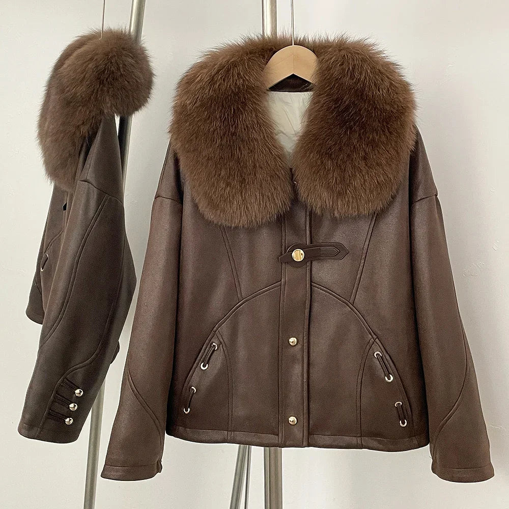 Brown leather jacket with fur collar on a white background