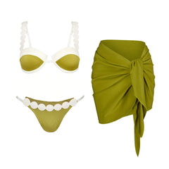 Olive green bikini with white scallop trim and olive green wrap skirt