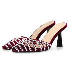 Red velvet rhinestone embellished pointed toe mules