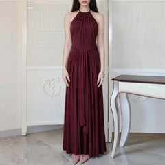 High Neck Sleeveless Ruched Waist Draped Long Dress