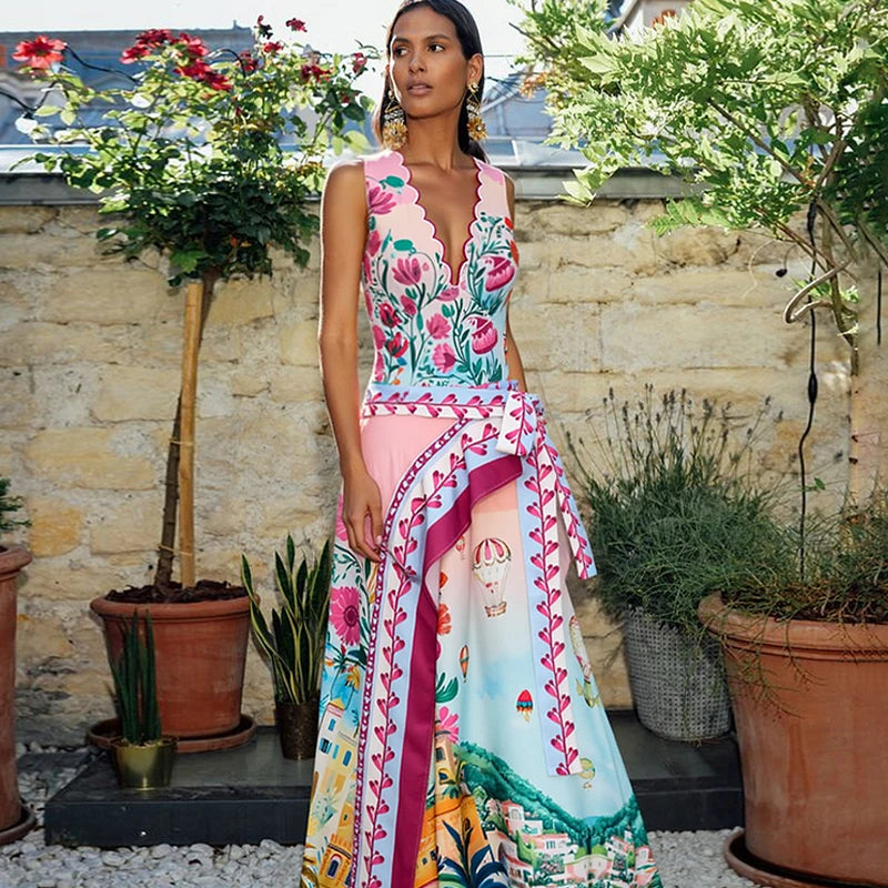 Model wearing the one piece swimsuit and wrap skirt in an outdoor setting