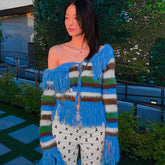 Striped fringed knit cardigan with off-shoulder neckline