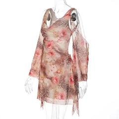 Ruched V-Neck Animal Floral Print Mini Dress