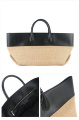 Straw and Leather Colorblock Tote Bag