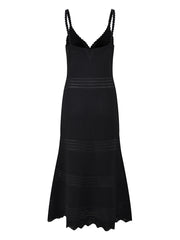 Back view of a black knit midi dress with a V-neck cutout and fishtail hem