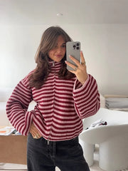 Striped High Neck Zip Sweater