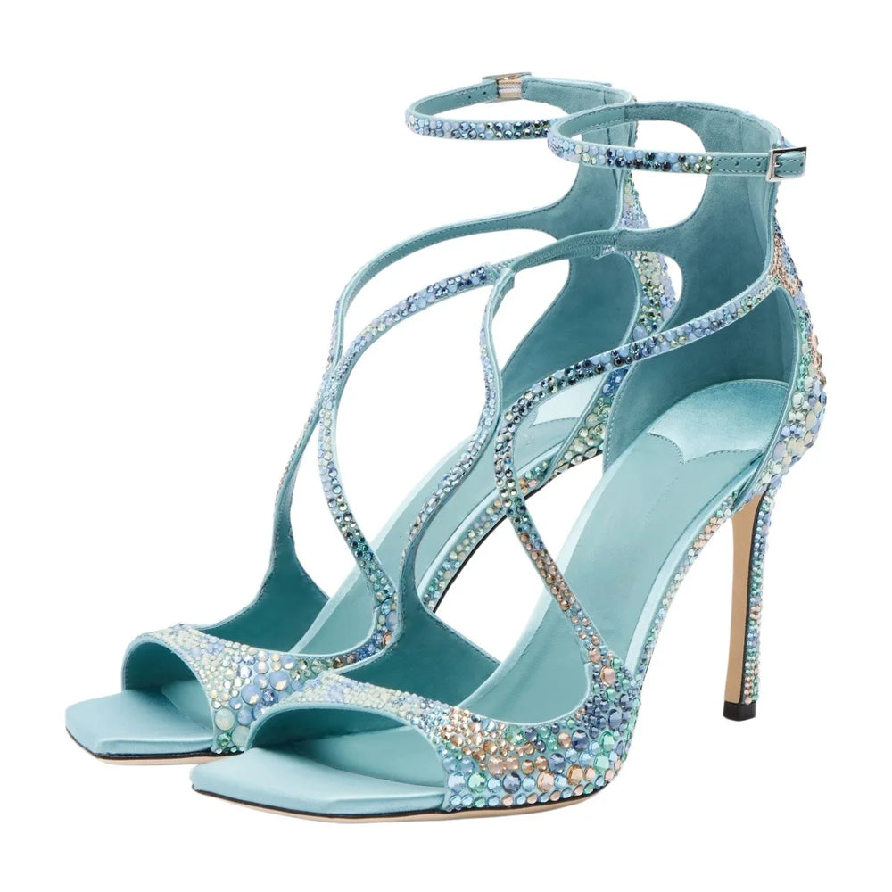 Blue rhinestone ankle strap stiletto sandal