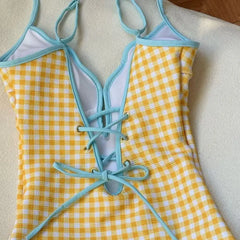 Yellow Gingham Print One-Piece Swimsuit with Blue Cover-Up Skirt