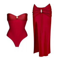 Red bandeau swimsuit with pearl detail and matching maxi skirt with slit