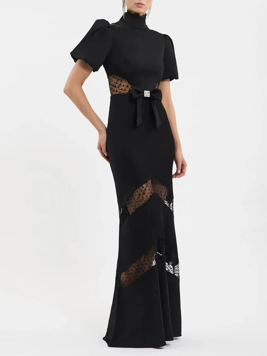 Black puff sleeve maxi dress with mock neck and lace details