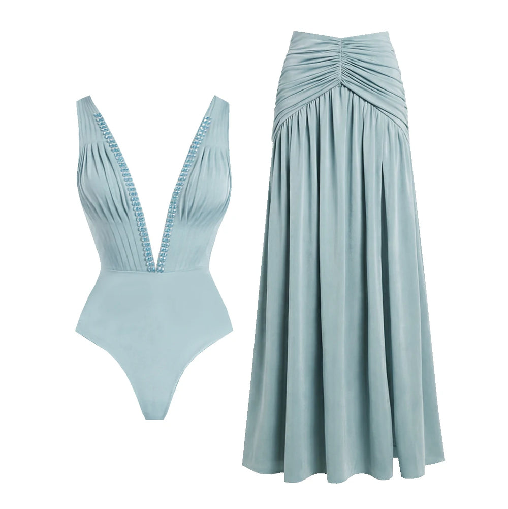 Plunged V-Neck Ruched One-Piece and High-Waisted Maxi Skirt Set