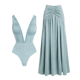 Plunged V-Neck Ruched One-Piece and High-Waisted Maxi Skirt Set