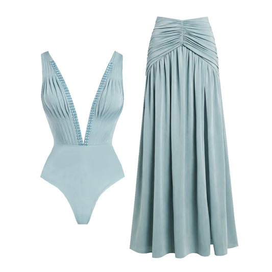Plunged V-Neck Ruched One-Piece and High-Waisted Maxi Skirt Set