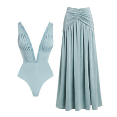 Plunged V-Neck Ruched One-Piece and High-Waisted Maxi Skirt Set