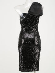 Black One-Shoulder Sequin Midi Dress with Bow Detail
