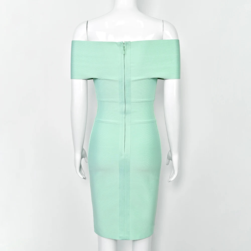 Mint green off-shoulder dress on a mannequin against a white background
