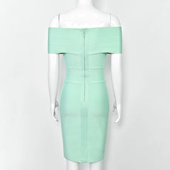 Mint green off-shoulder dress on a mannequin against a white background