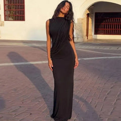Black draped ruched maxi dress with high neck outdoors