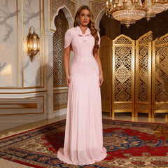 Pink Beaded Shawl Sleeve Bow Detail Maxi Dress
