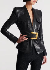 Black leather jacket with a gold belt buckle
