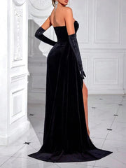 Strapless Boning Sheer Patchwork Slit Maxi Dress